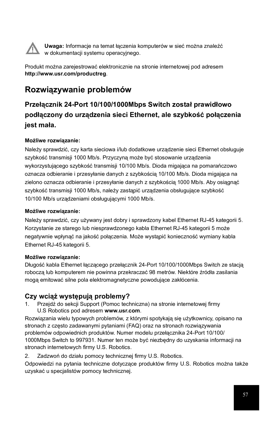 USRobotics 7931 manual Rozwiązywanie problemów, Czy wciąż występują problemy?, Możliwe rozwiązanie 