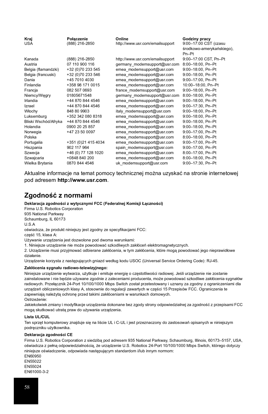 USRobotics 7931 manual Zgodność z normami, Kraj Połączenie Online Godziny pracy, Zakłócenia sygnału radiowo-telewizyjnego 