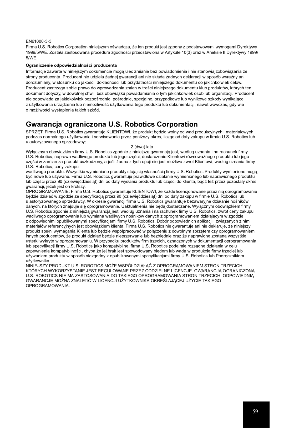 USRobotics 7931 manual Gwarancja ograniczona U.S. Robotics Corporation, Ograniczenie odpowiedzialności producenta 