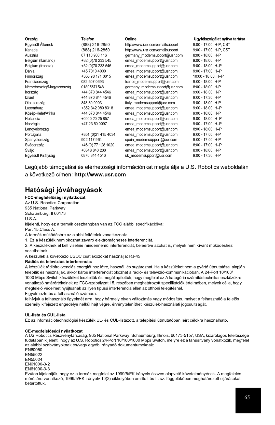 USRobotics 7931 manual Hatósági jóváhagyások 