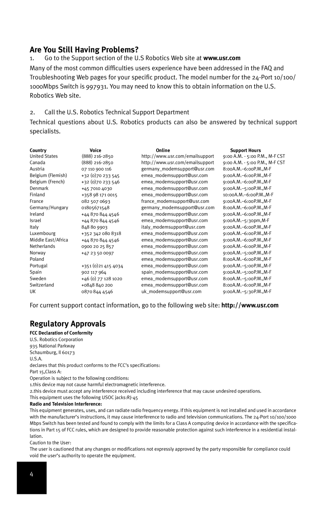 USRobotics 7931 manual Are You Still Having Problems?, Regulatory Approvals, Country Voice Online Support Hours 