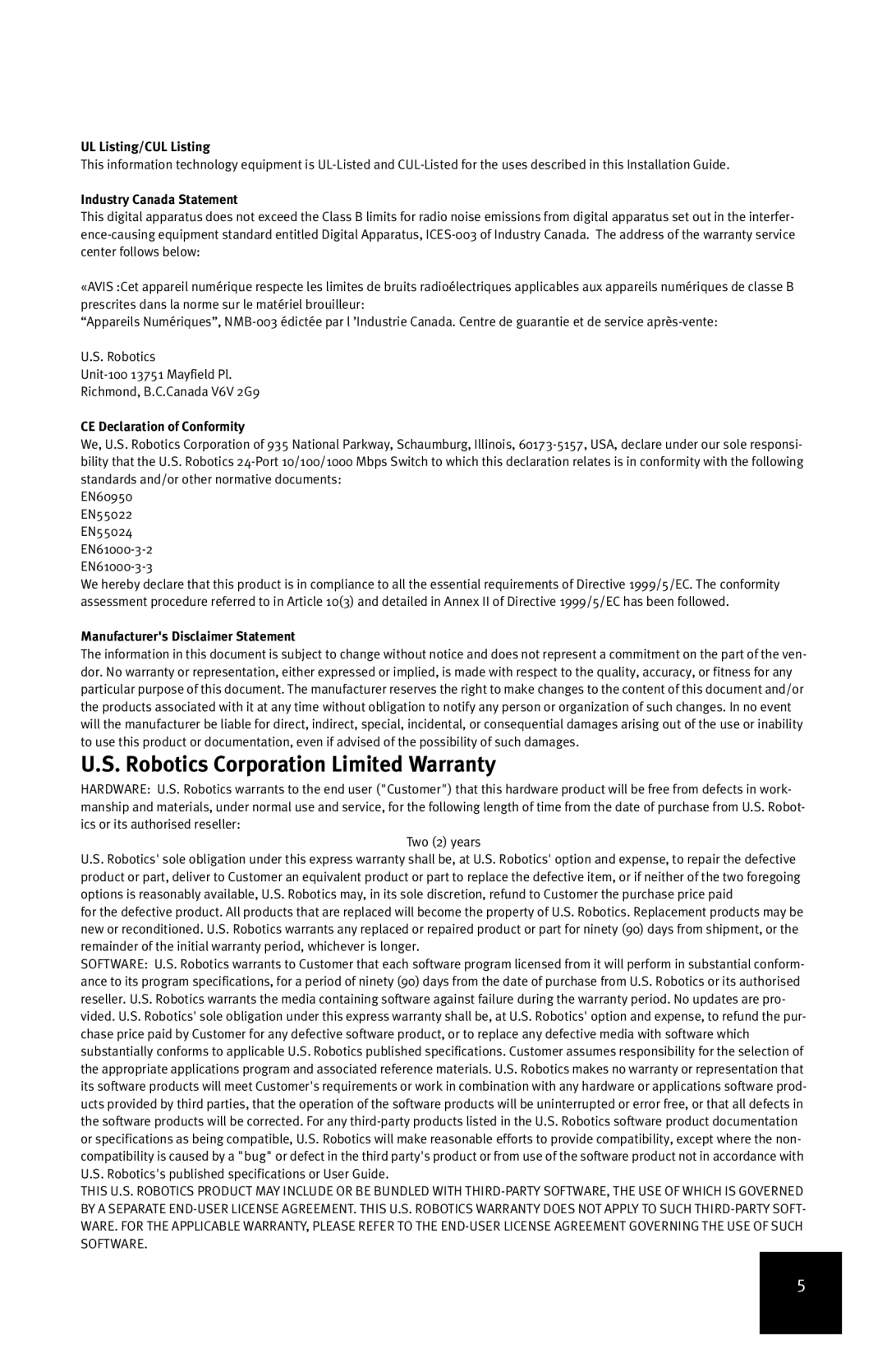 USRobotics 7931 manual Robotics Corporation Limited Warranty, UL Listing/CUL Listing, Industry Canada Statement 