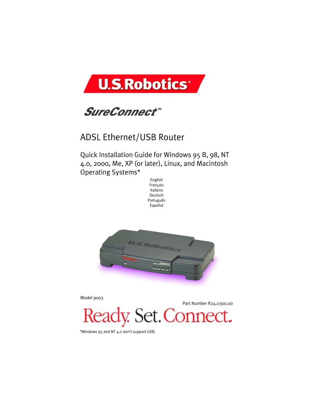 USRobotics 9003 manual Adsl Ethernet/USB Router 