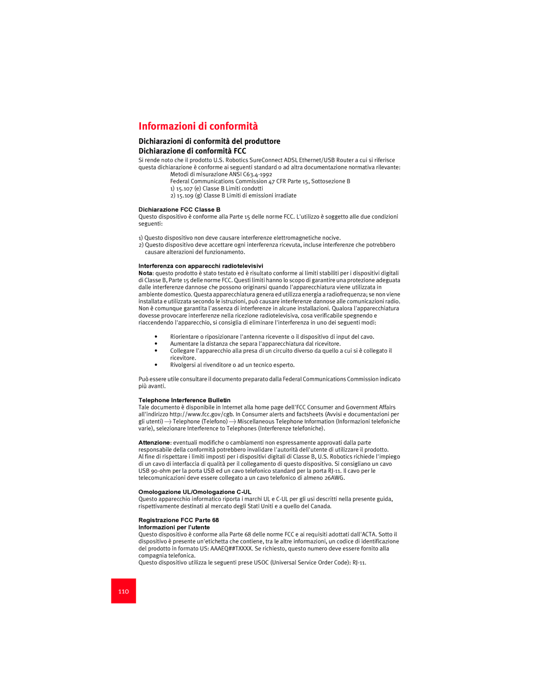 USRobotics 9003 manual Informazioni di conformità, 110 