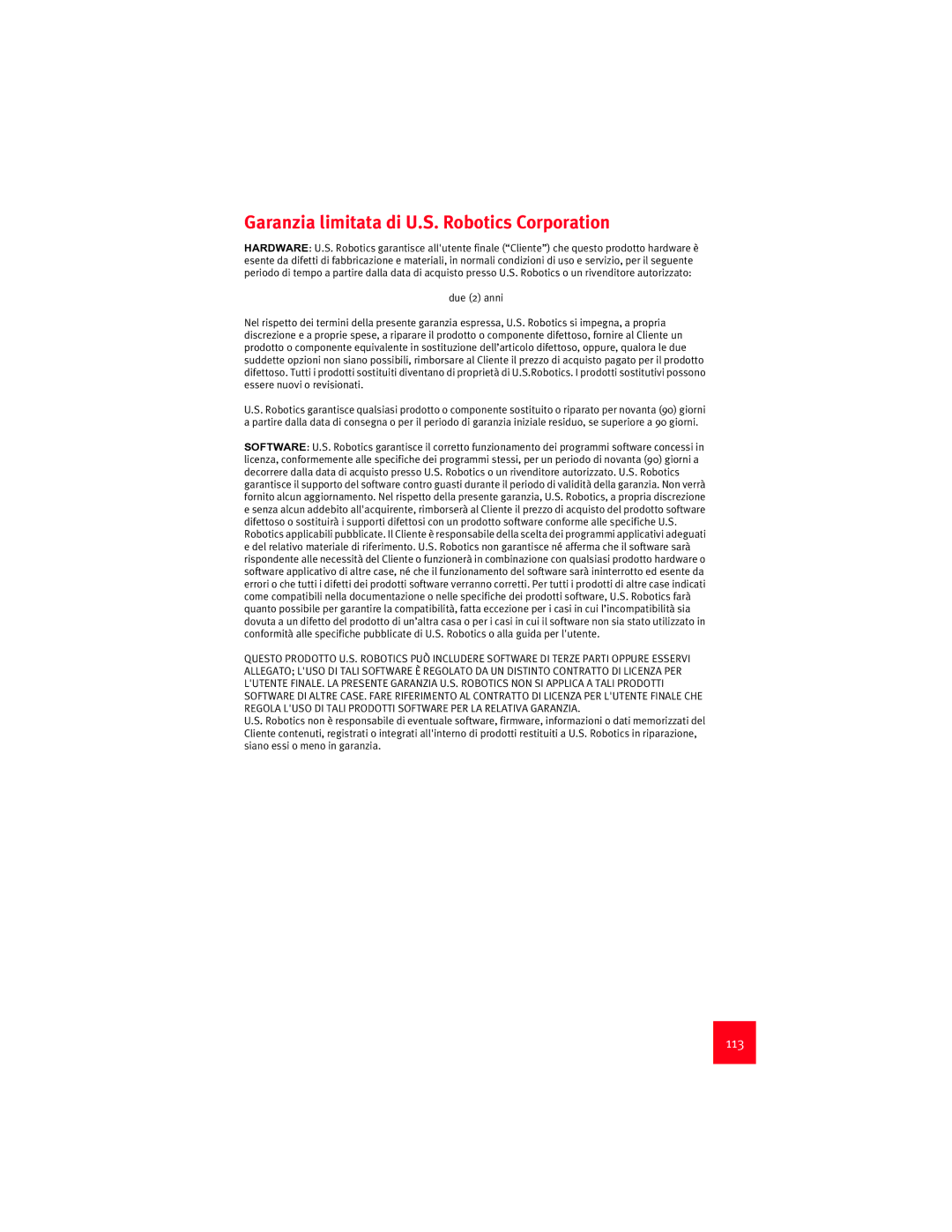 USRobotics 9003 manual Garanzia limitata di U.S. Robotics Corporation, 113 