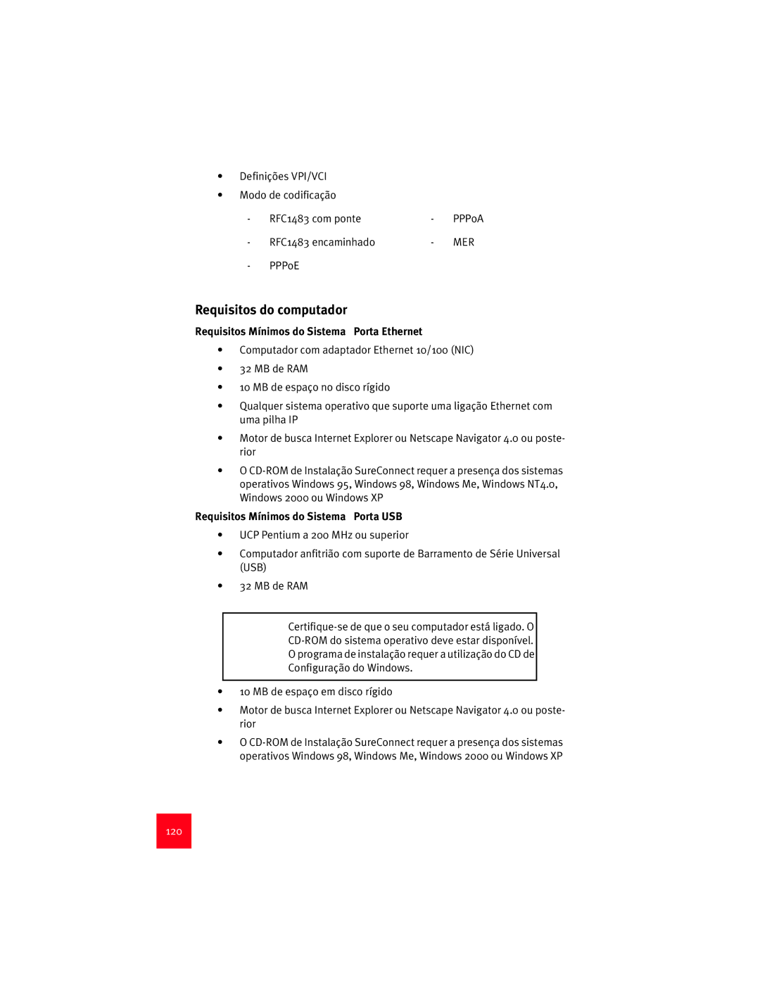 USRobotics 9003 manual Requisitos do computador, Requisitos Mínimos do Sistema Porta Ethernet, 120 