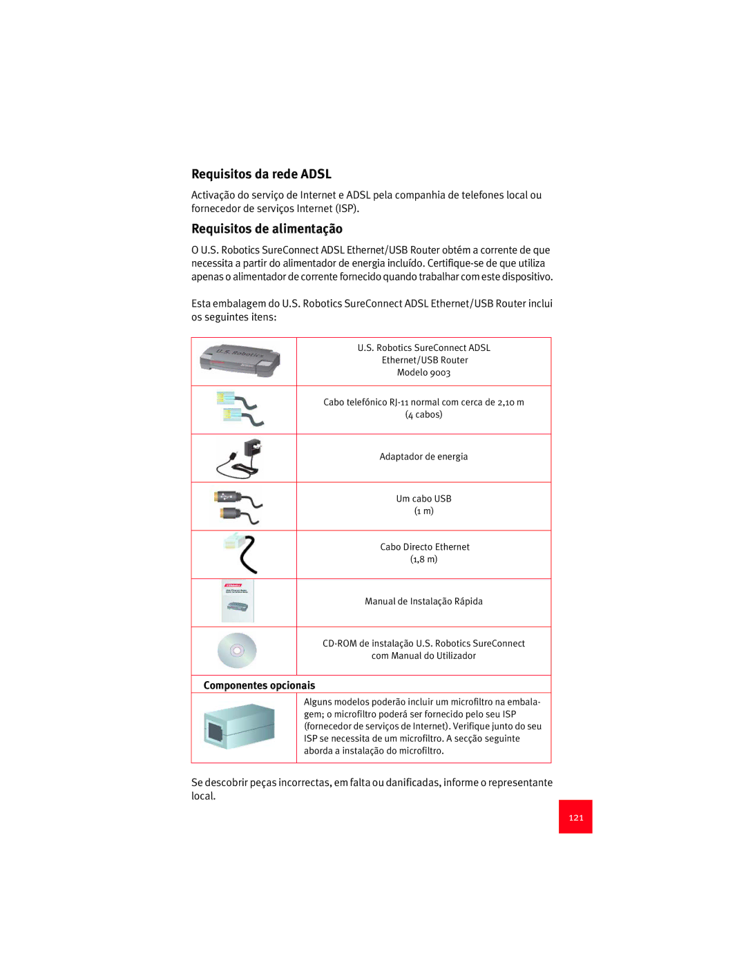 USRobotics 9003 manual Requisitos da rede Adsl, Requisitos de alimentação, Componentes opcionais, 121 