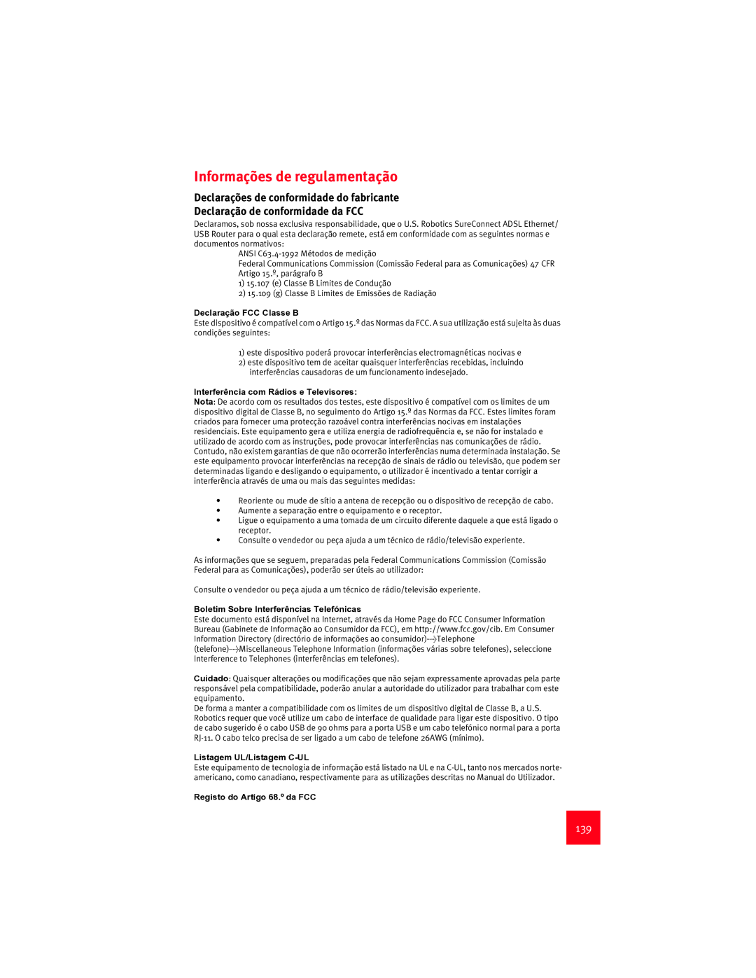 USRobotics 9003 manual Informações de regulamentação, 139 