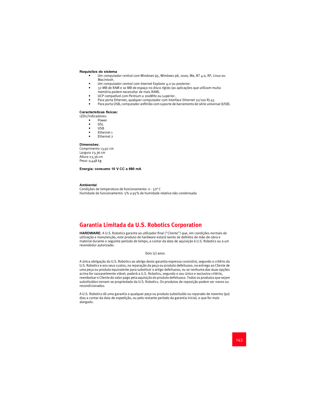 USRobotics 9003 manual Garantia Limitada da U.S. Robotics Corporation, 143 