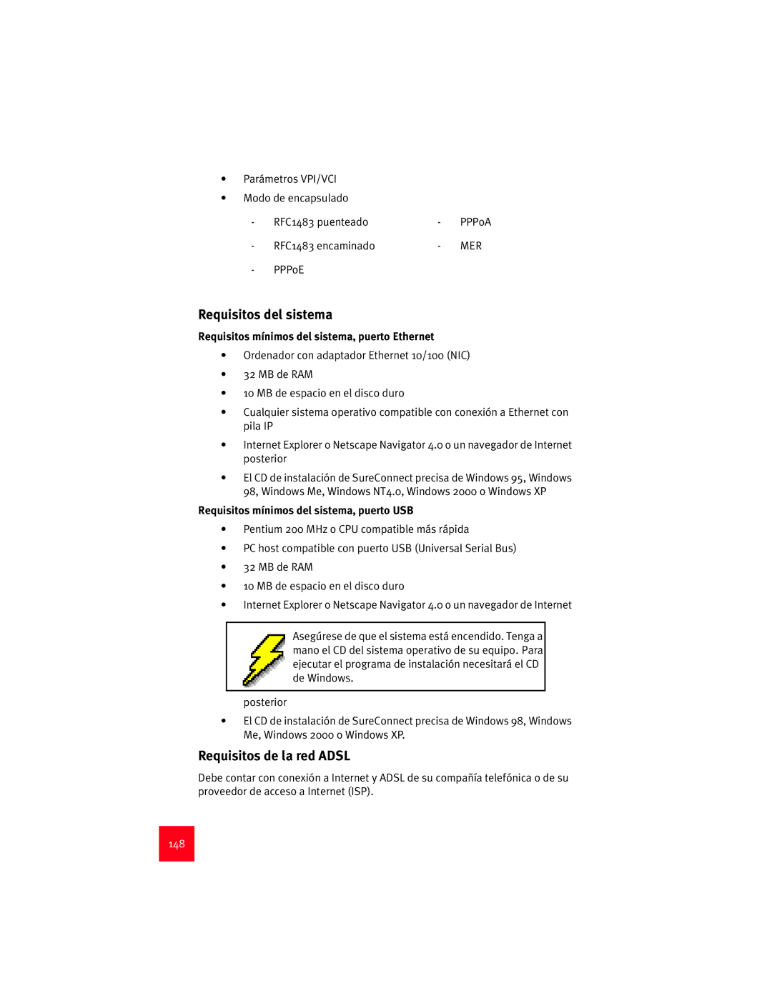 USRobotics 9003 Requisitos del sistema, Requisitos de la red Adsl, Requisitos mínimos del sistema, puerto Ethernet, 148 