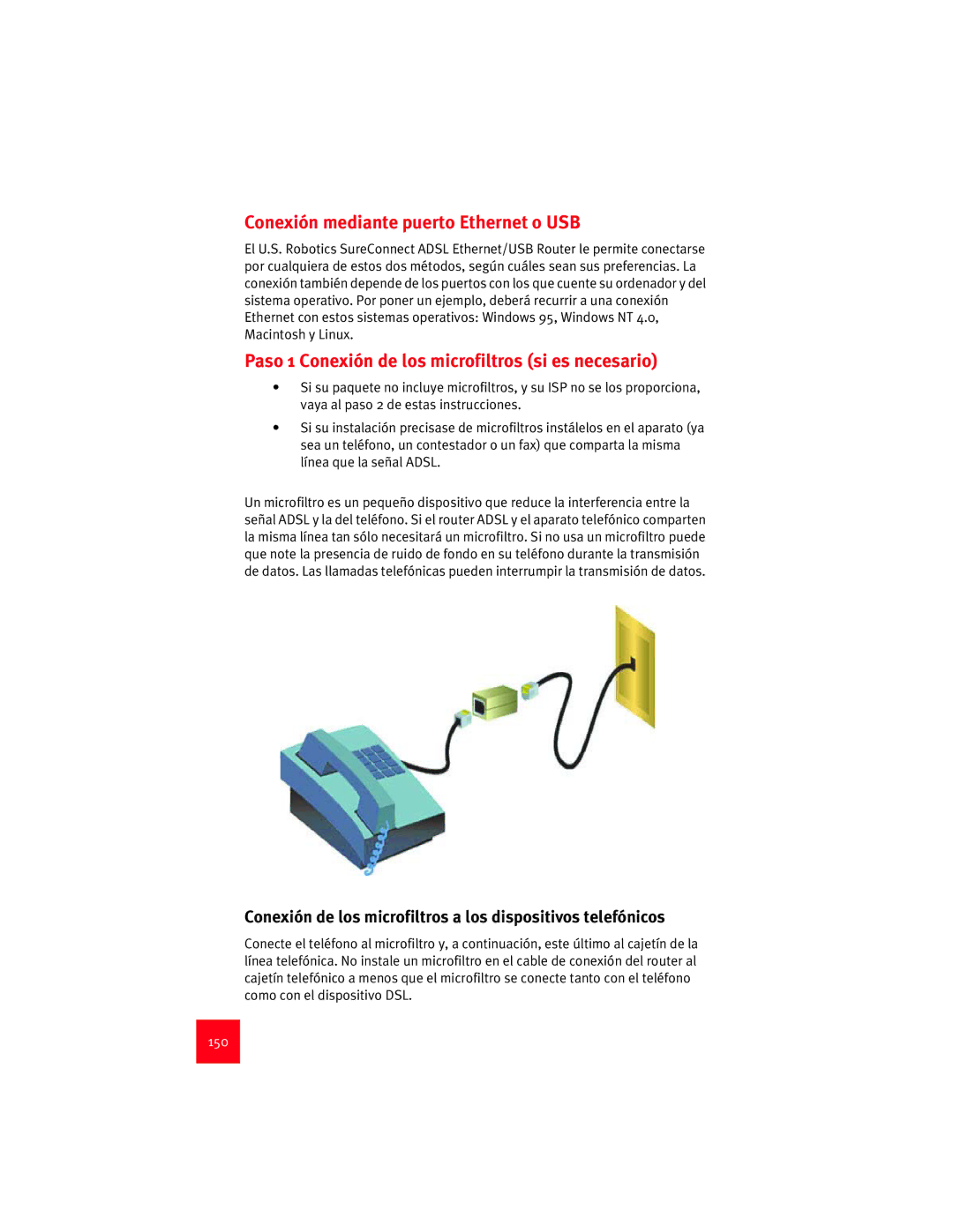 USRobotics 9003 manual Conexión mediante puerto Ethernet o USB, Paso 1 Conexión de los microfiltros si es necesario, 150 