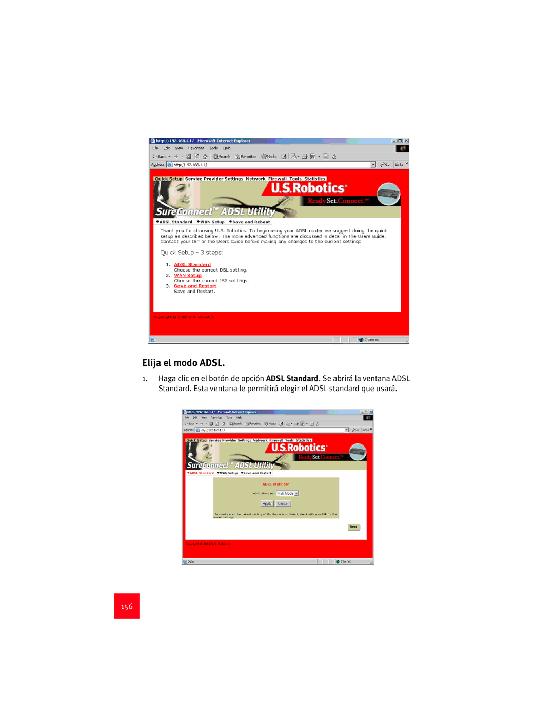 USRobotics 9003 manual Elija el modo Adsl, 156 