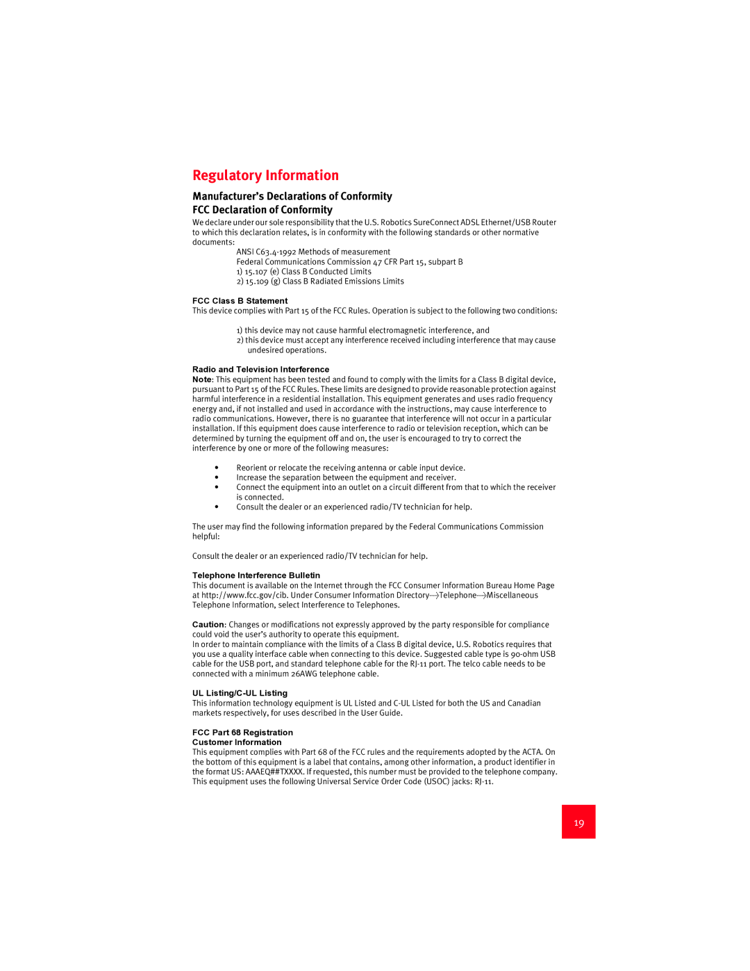 USRobotics 9003 manual Regulatory Information 