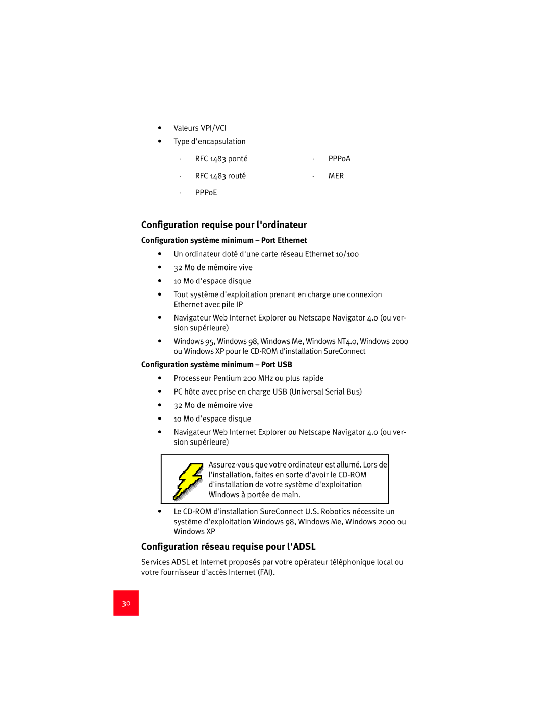 USRobotics 9003 manual Configuration requise pour lordinateur, Configuration réseau requise pour lADSL 