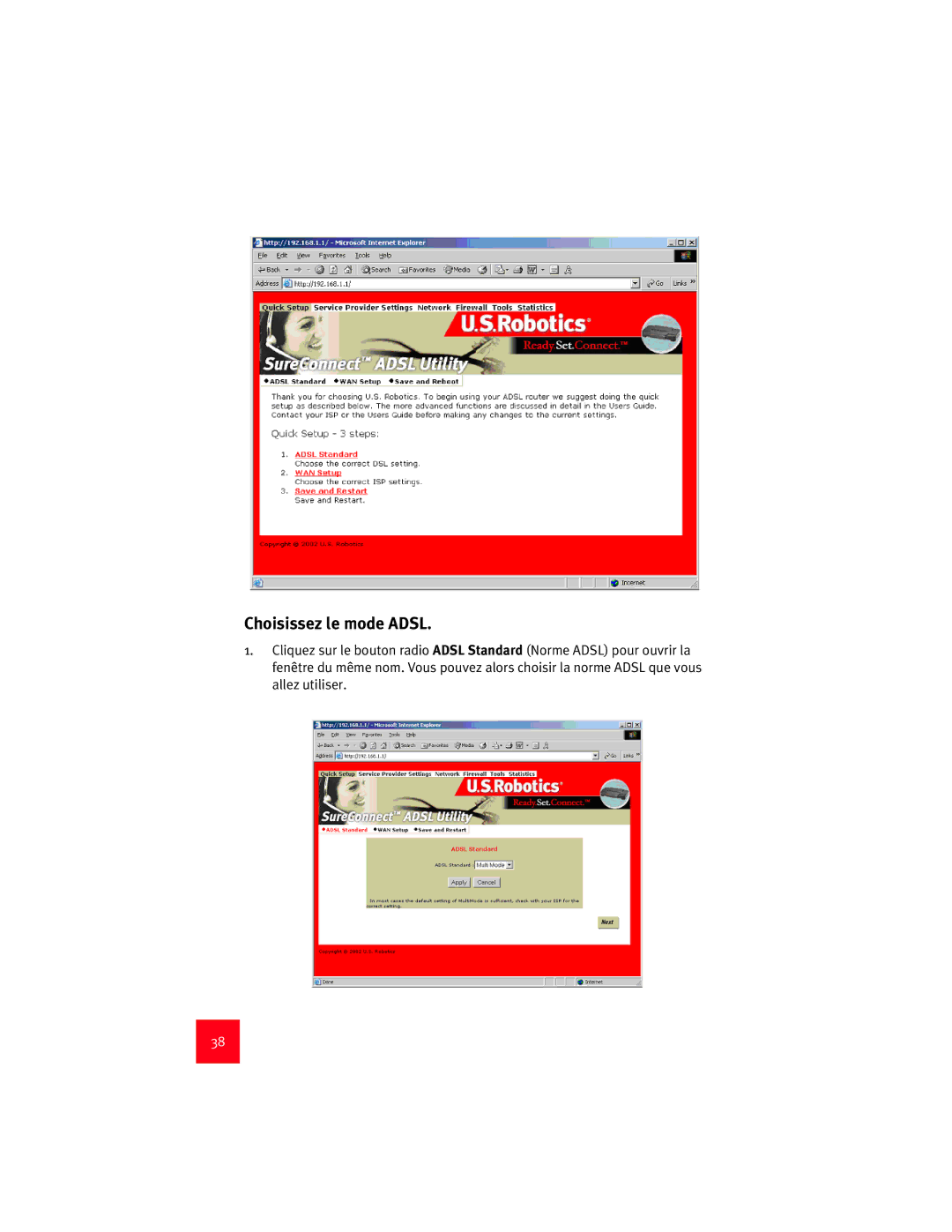 USRobotics 9003 manual Choisissez le mode Adsl 