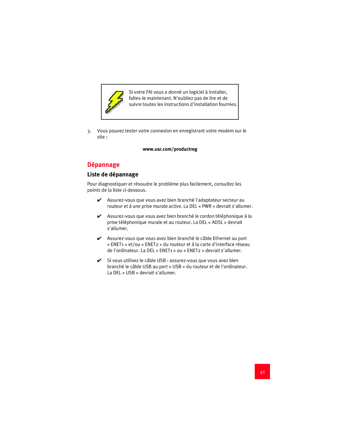 USRobotics 9003 manual Dépannage, Liste de dépannage 