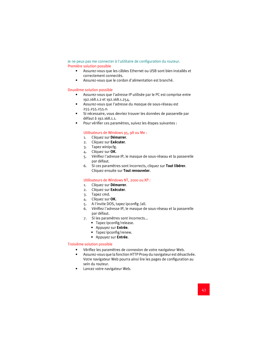 USRobotics 9003 manual Deuxième solution possible, Utilisateurs de Windows NT, 2000 ou XP, Troisième solution possible 