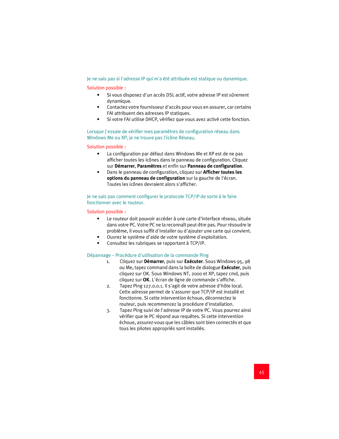 USRobotics 9003 manual Dépannage Procédure dutilisation de la commande Ping 