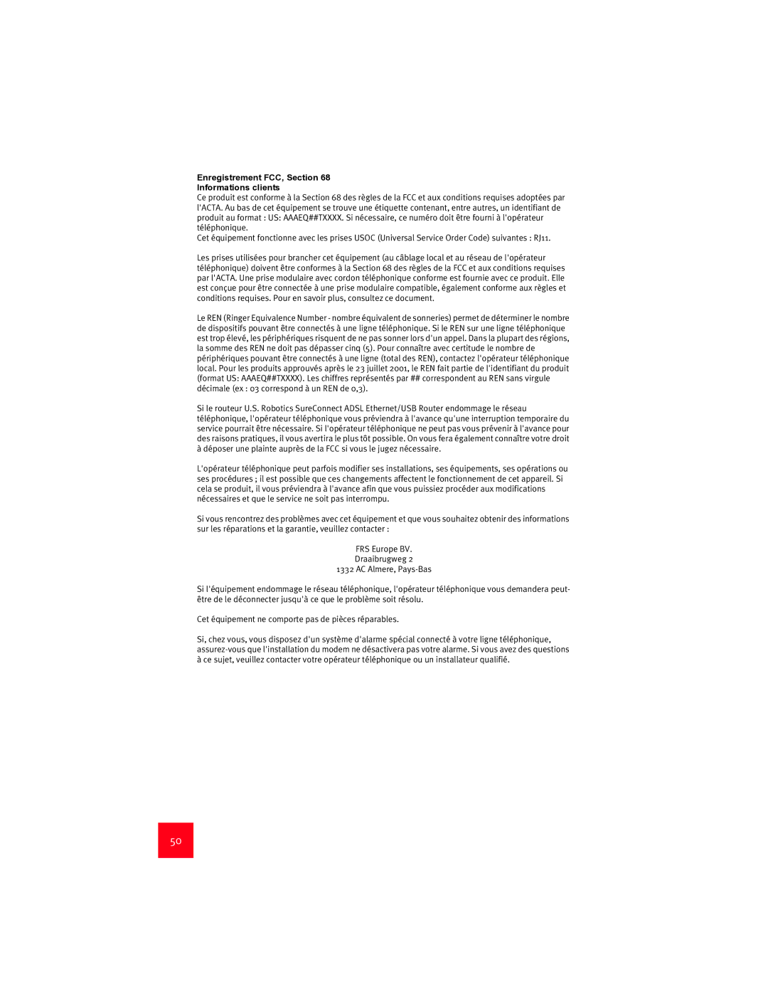 USRobotics 9003 manual Enregistrement FCC, Section Informations clients 