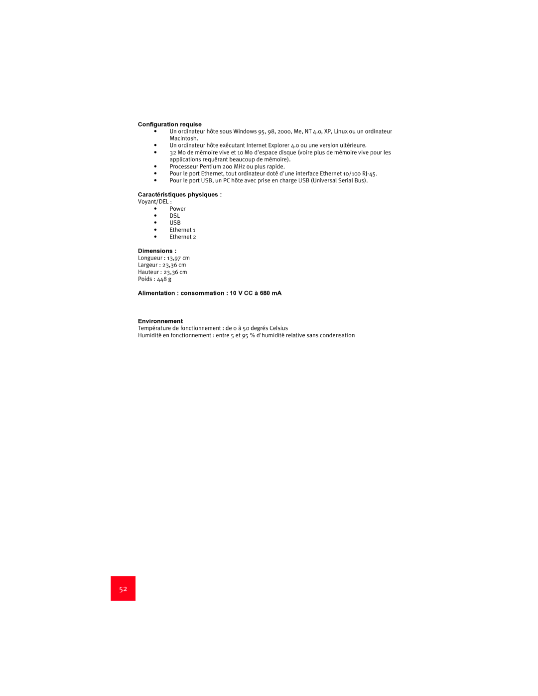 USRobotics 9003 manual Configuration requise, Caractéristiques physiques 