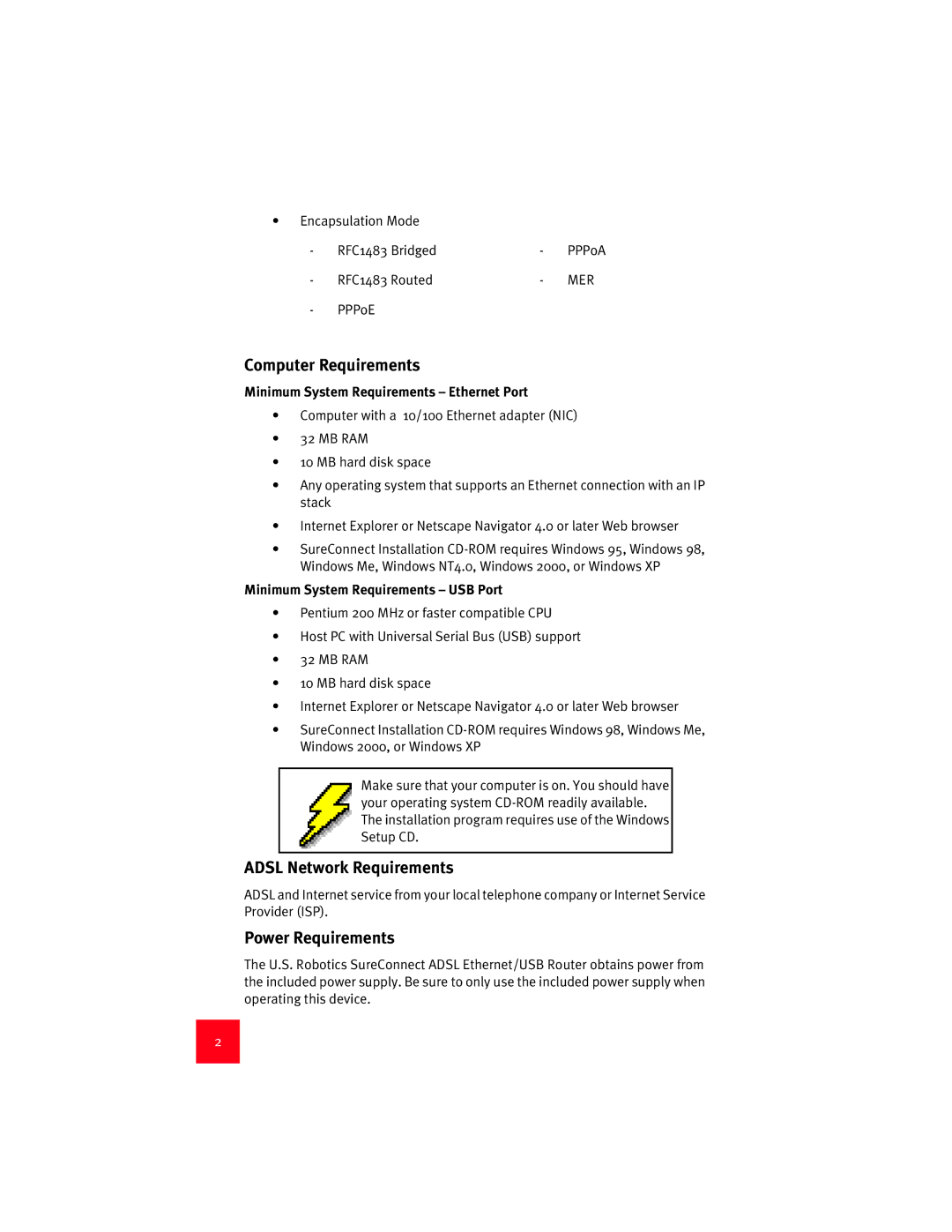 USRobotics 9003 Computer Requirements, Adsl Network Requirements, Power Requirements, Minimum System Requirements USB Port 