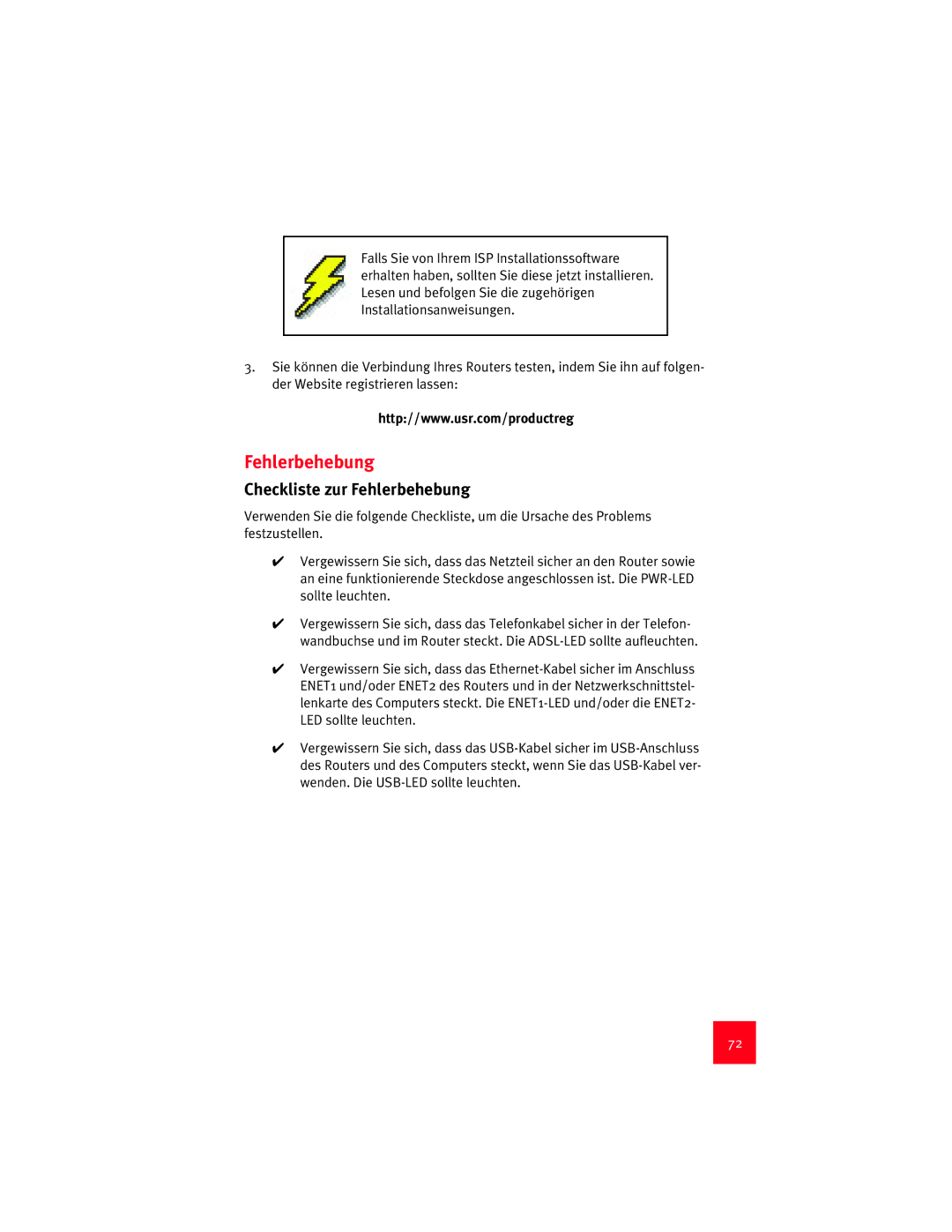 USRobotics 9003 manual Checkliste zur Fehlerbehebung 