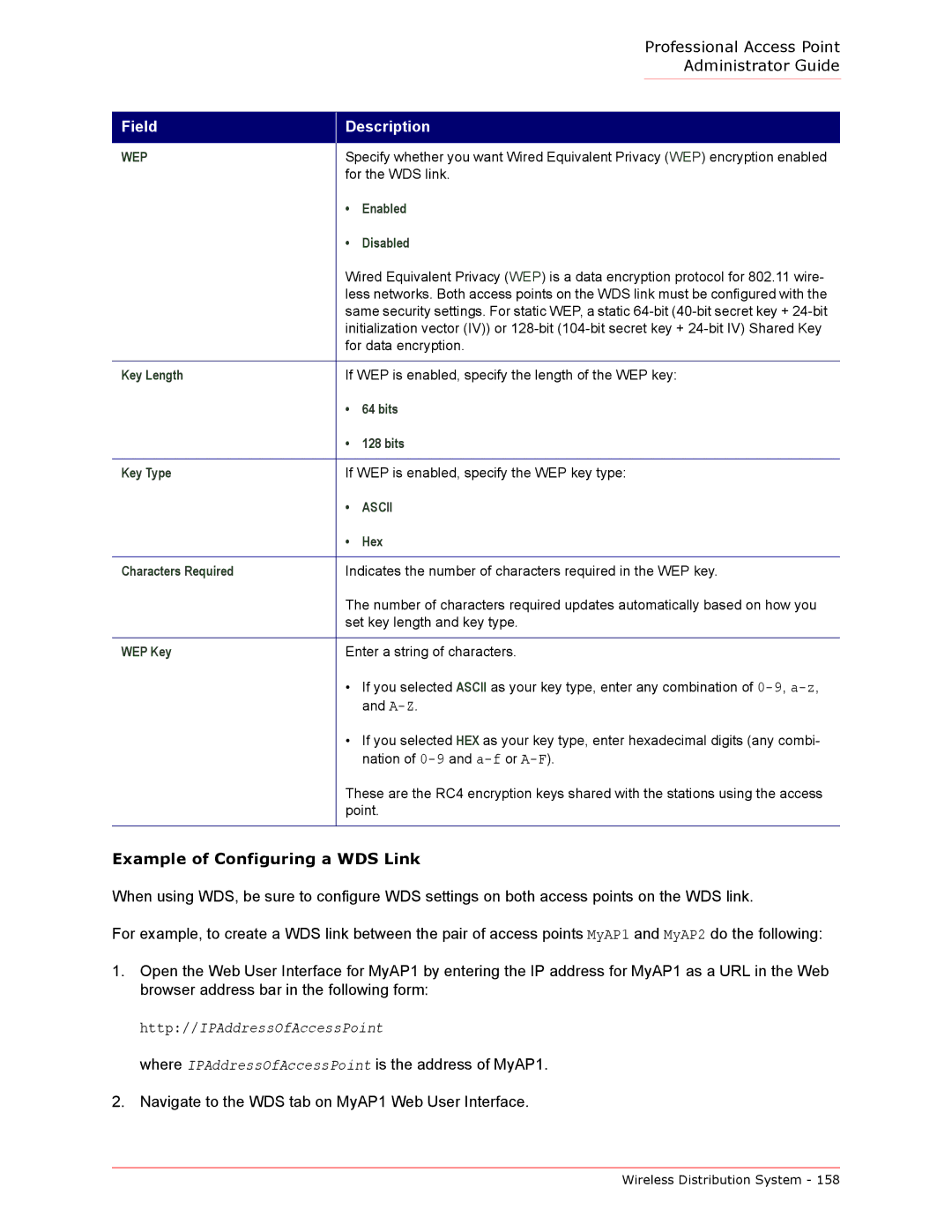 USRobotics Instant802 APSDK manual Example of Configuring a WDS Link, Disabled, WEP Key 