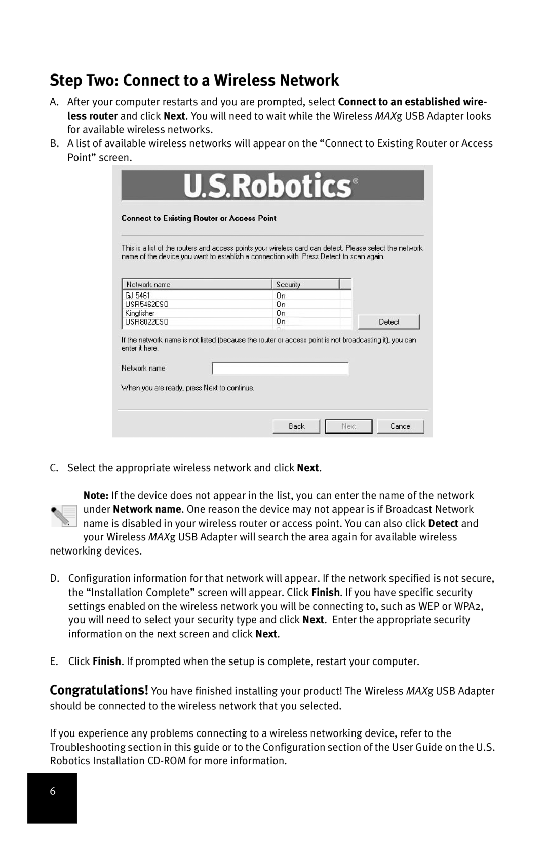 USRobotics MAXg manual Step Two Connect to a Wireless Network 