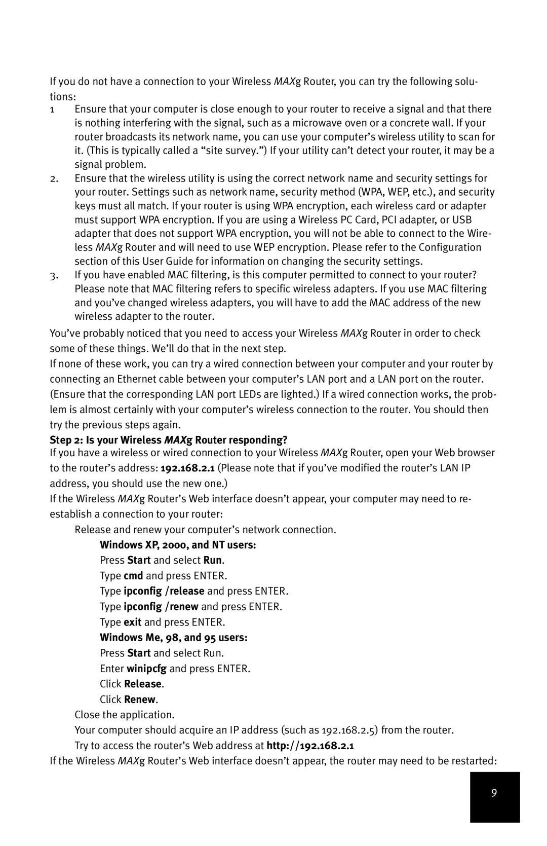 USRobotics manual Is your Wireless MAXg Router responding?, Windows XP, 2000, and NT users, Windows Me, 98, and 95 users 