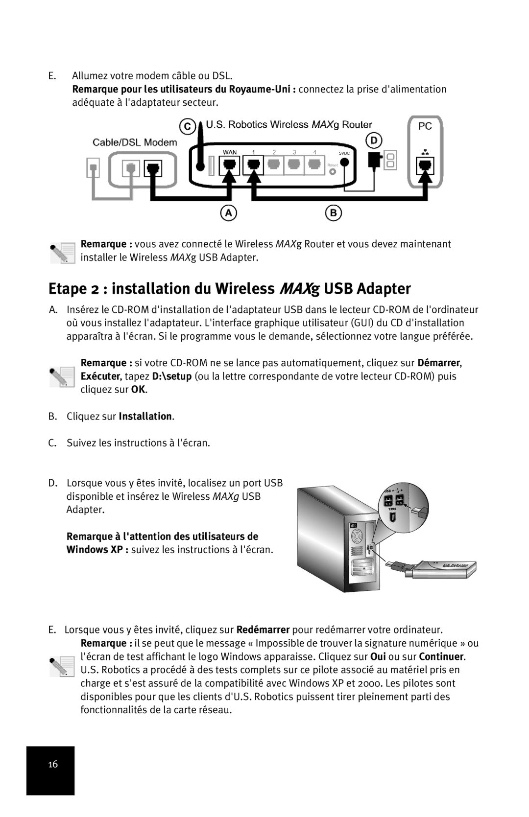 USRobotics manual Etape 2 installation du Wireless MAXg USB Adapter, Allumez votre modem câble ou DSL 