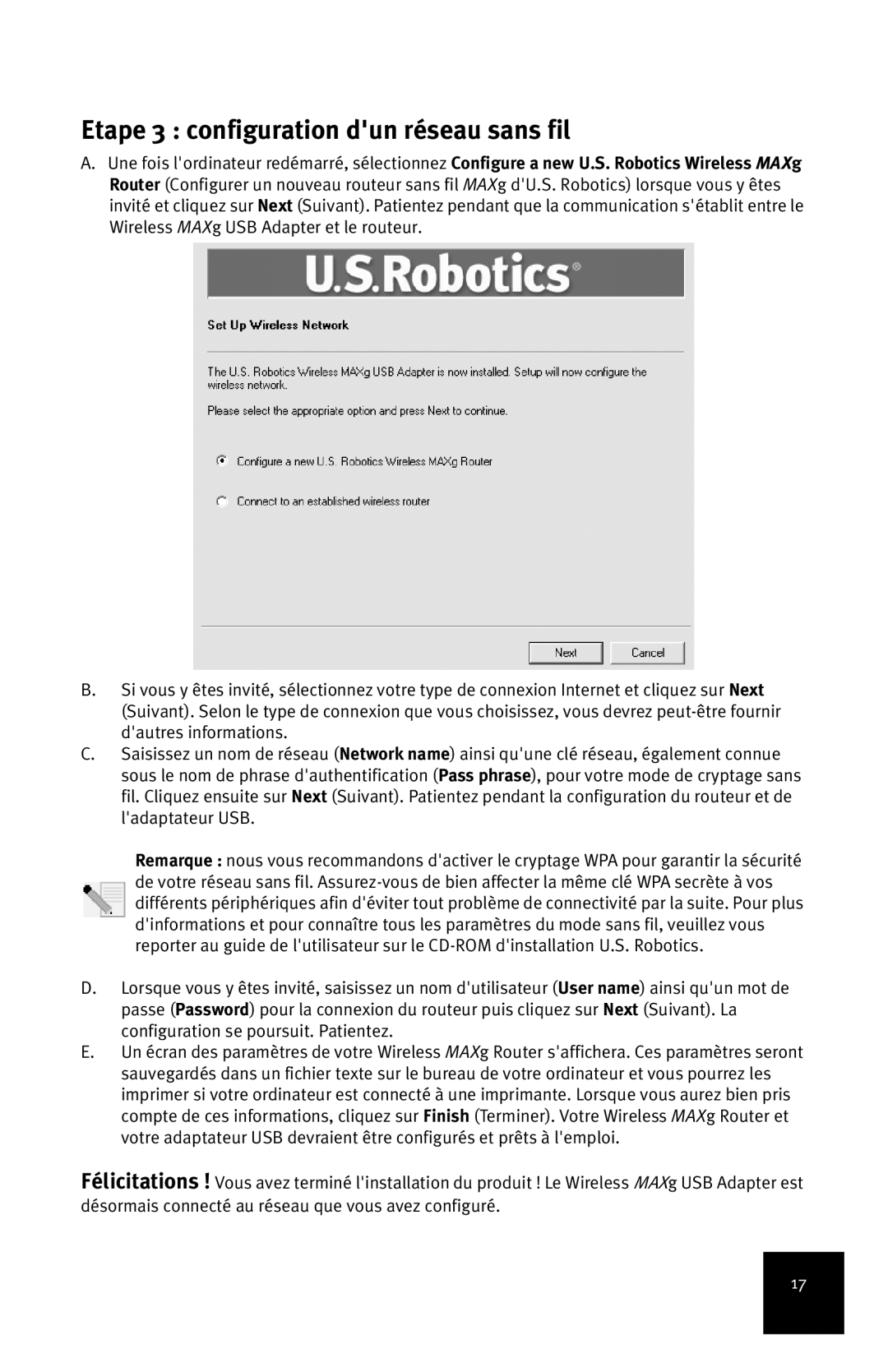 USRobotics MAXg manual Etape 3 configuration dun réseau sans fil 