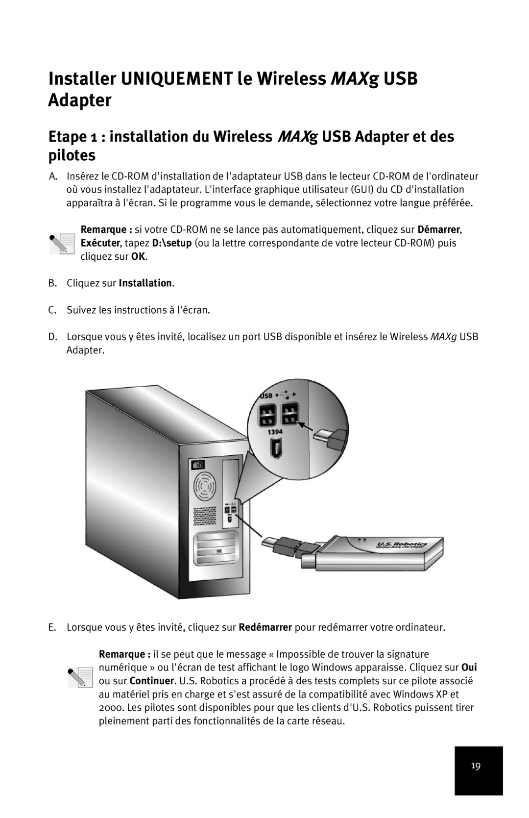 USRobotics manual Installer Uniquement le Wireless MAXg USB Adapter 