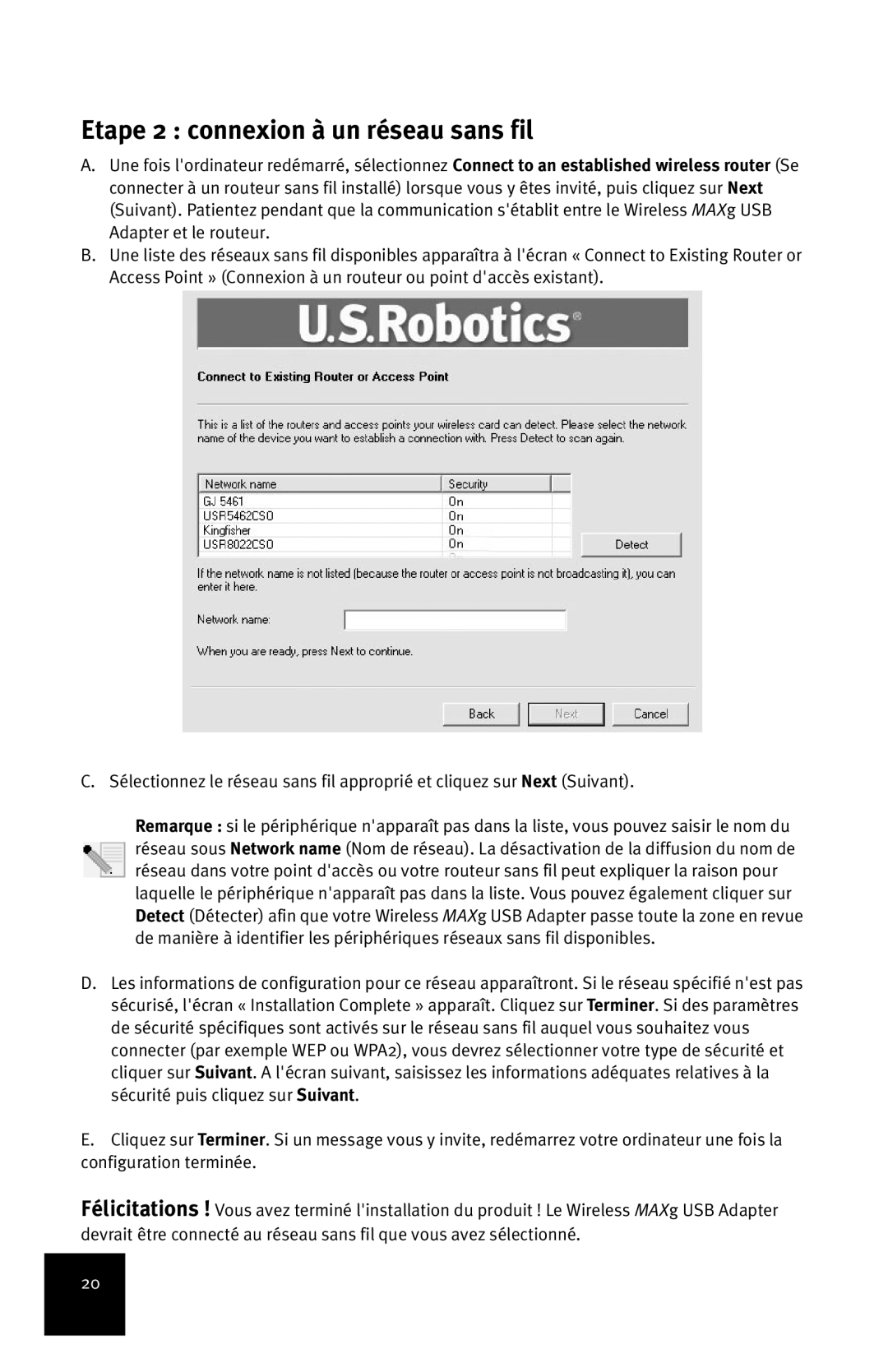 USRobotics MAXg manual Etape 2 connexion à un réseau sans fil 