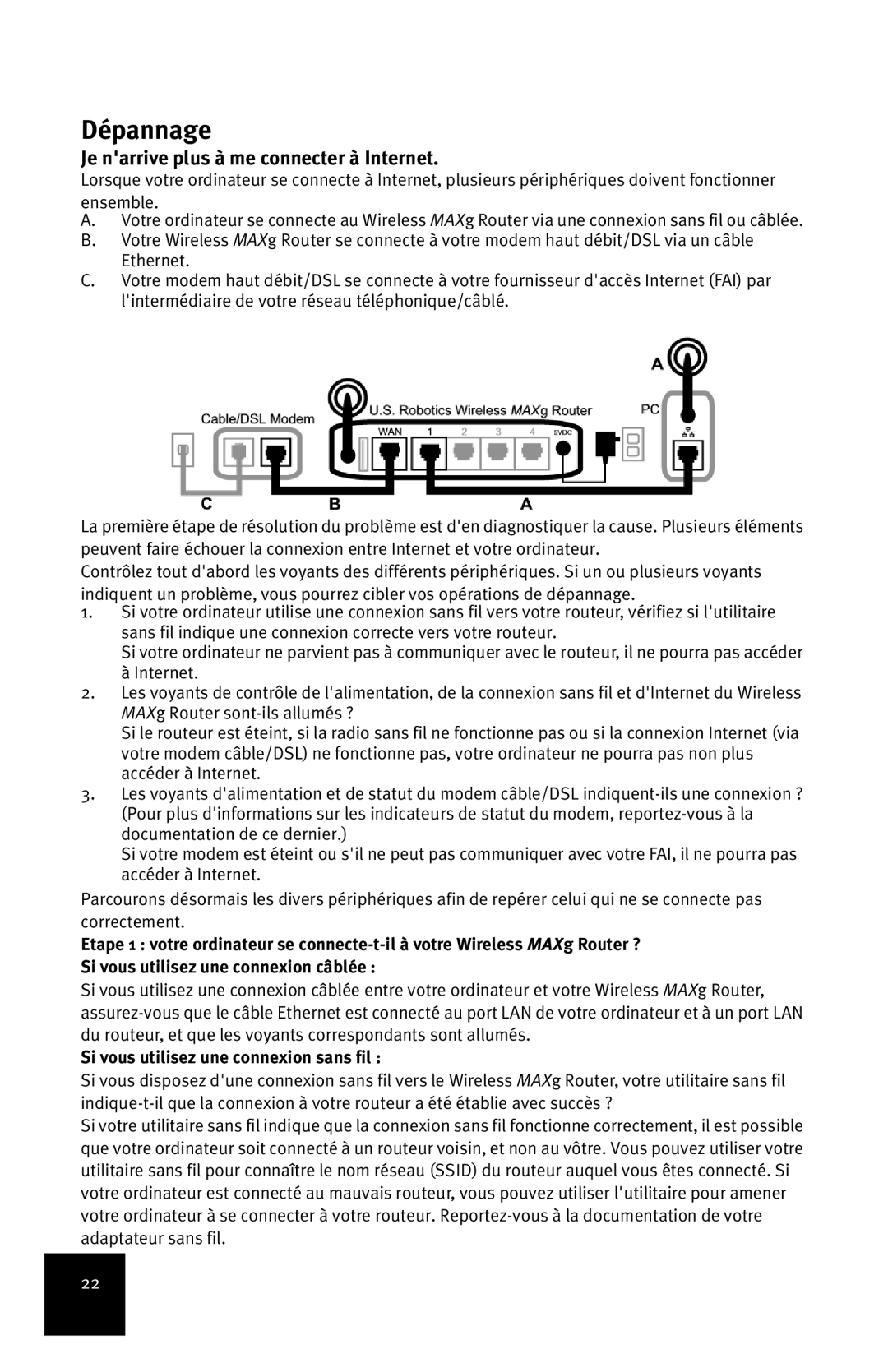 USRobotics MAXg manual Dépannage, Je narrive plus à me connecter à Internet, Si vous utilisez une connexion sans fil 