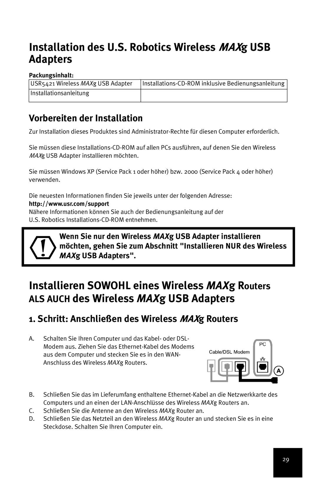 USRobotics Installation des U.S. Robotics Wireless MAXg USB Adapters, Vorbereiten der Installation, Packungsinhalt 