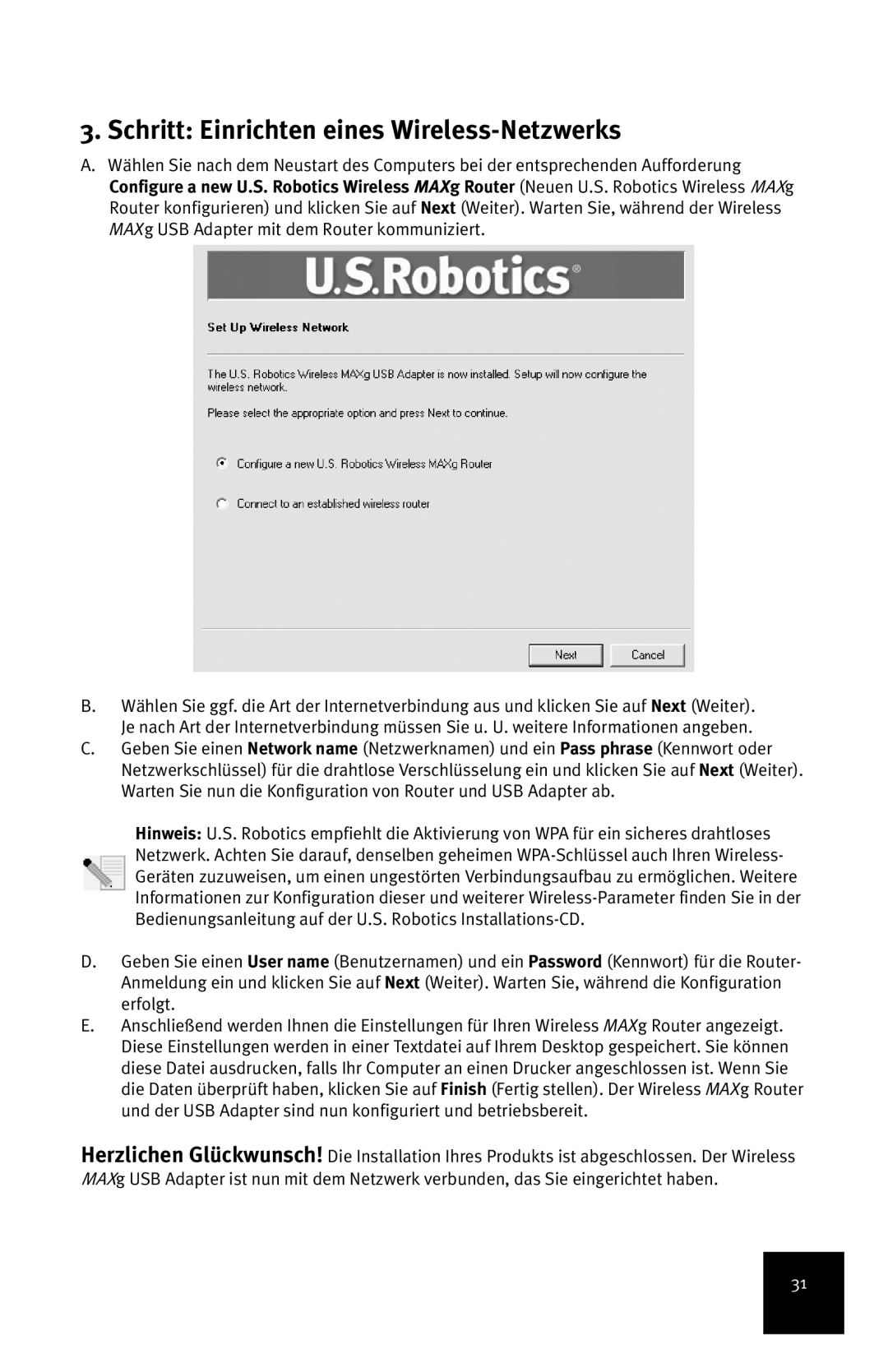 USRobotics MAXg manual Schritt Einrichten eines Wireless-Netzwerks 