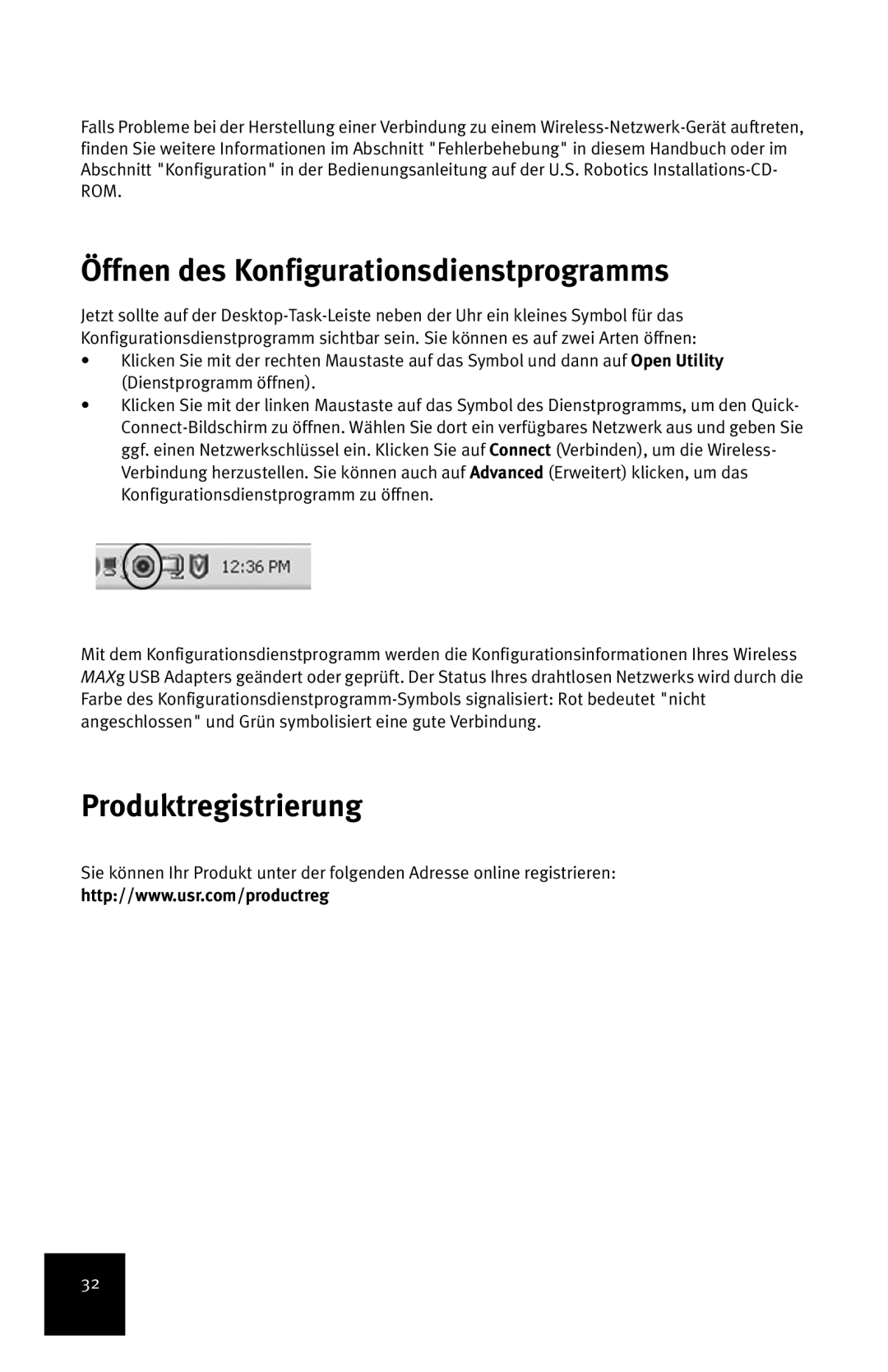 USRobotics MAXg manual Öffnen des Konfigurationsdienstprogramms, Produktregistrierung 