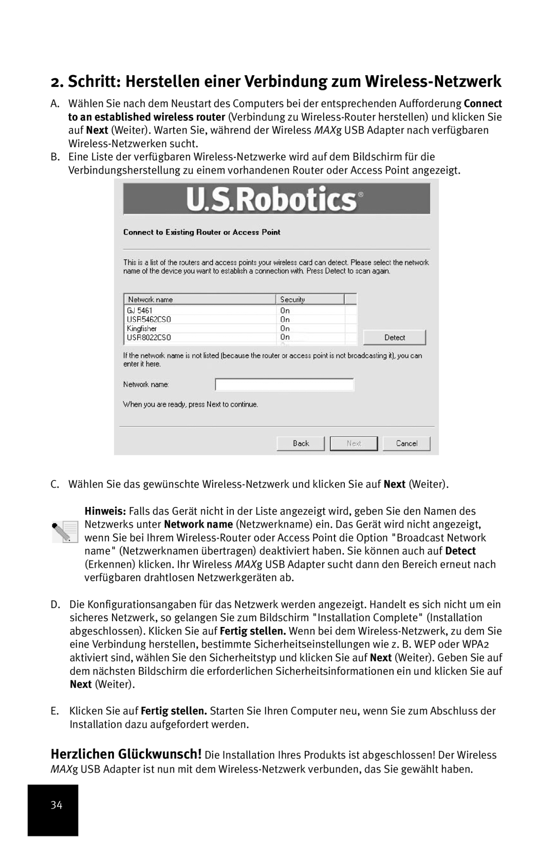 USRobotics MAXg manual Schritt Herstellen einer Verbindung zum Wireless-Netzwerk 