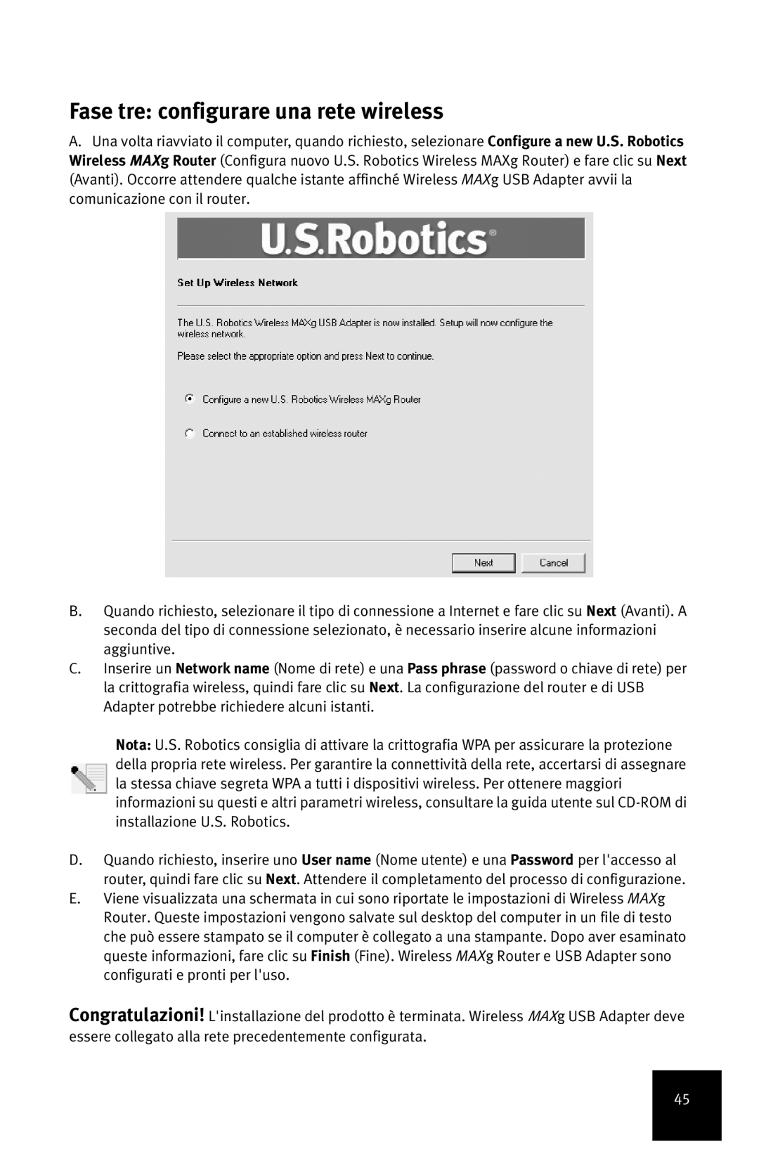 USRobotics MAXg manual Fase tre configurare una rete wireless 