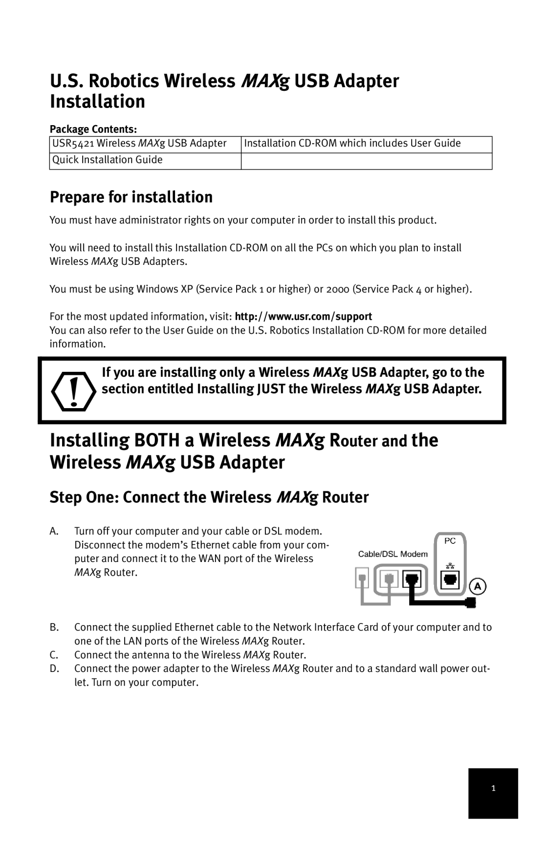 USRobotics manual Robotics Wireless MAXg USB Adapter Installation, Prepare for installation, Package Contents 