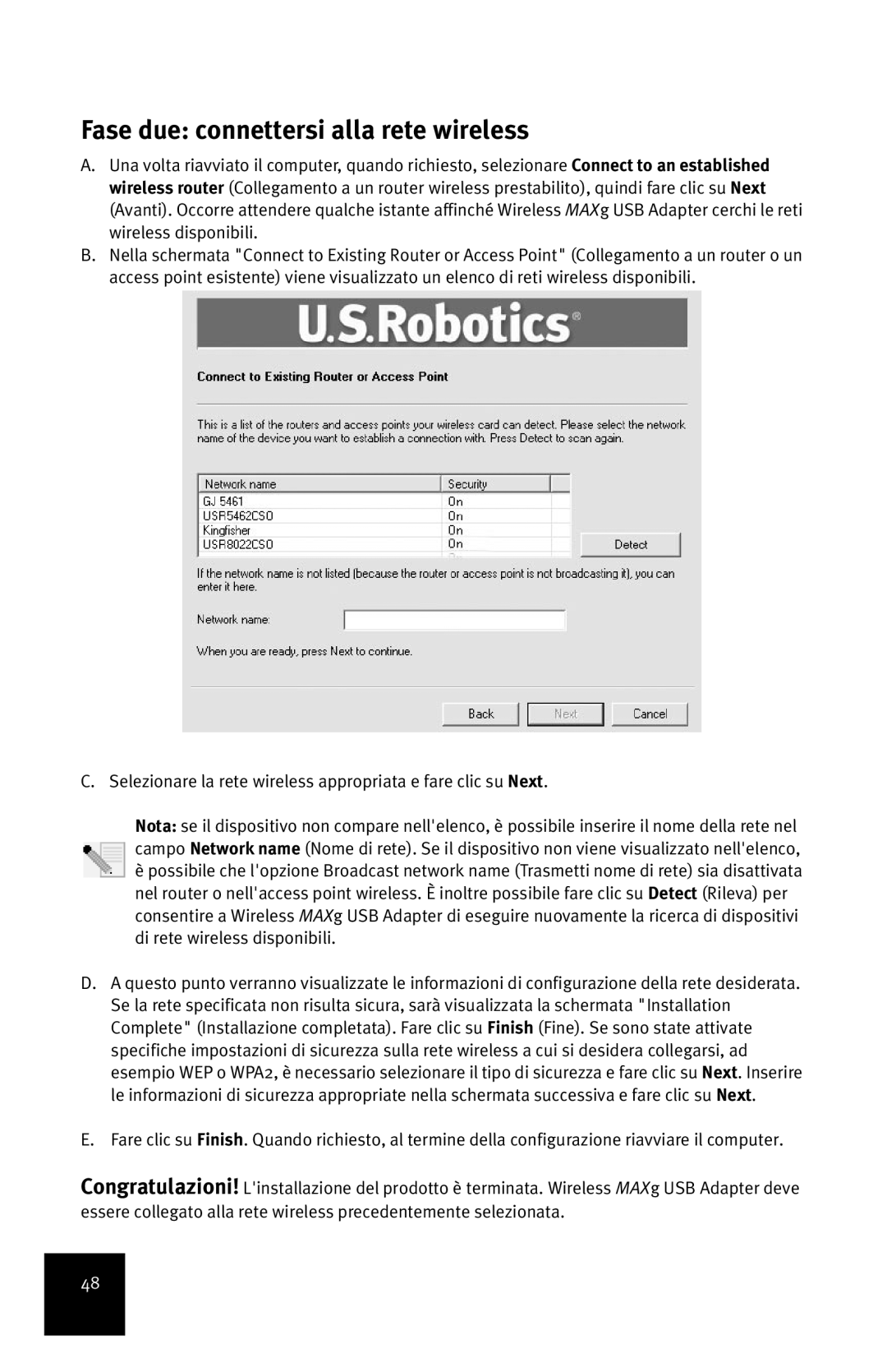 USRobotics MAXg Fase due connettersi alla rete wireless, Selezionare la rete wireless appropriata e fare clic su Next 