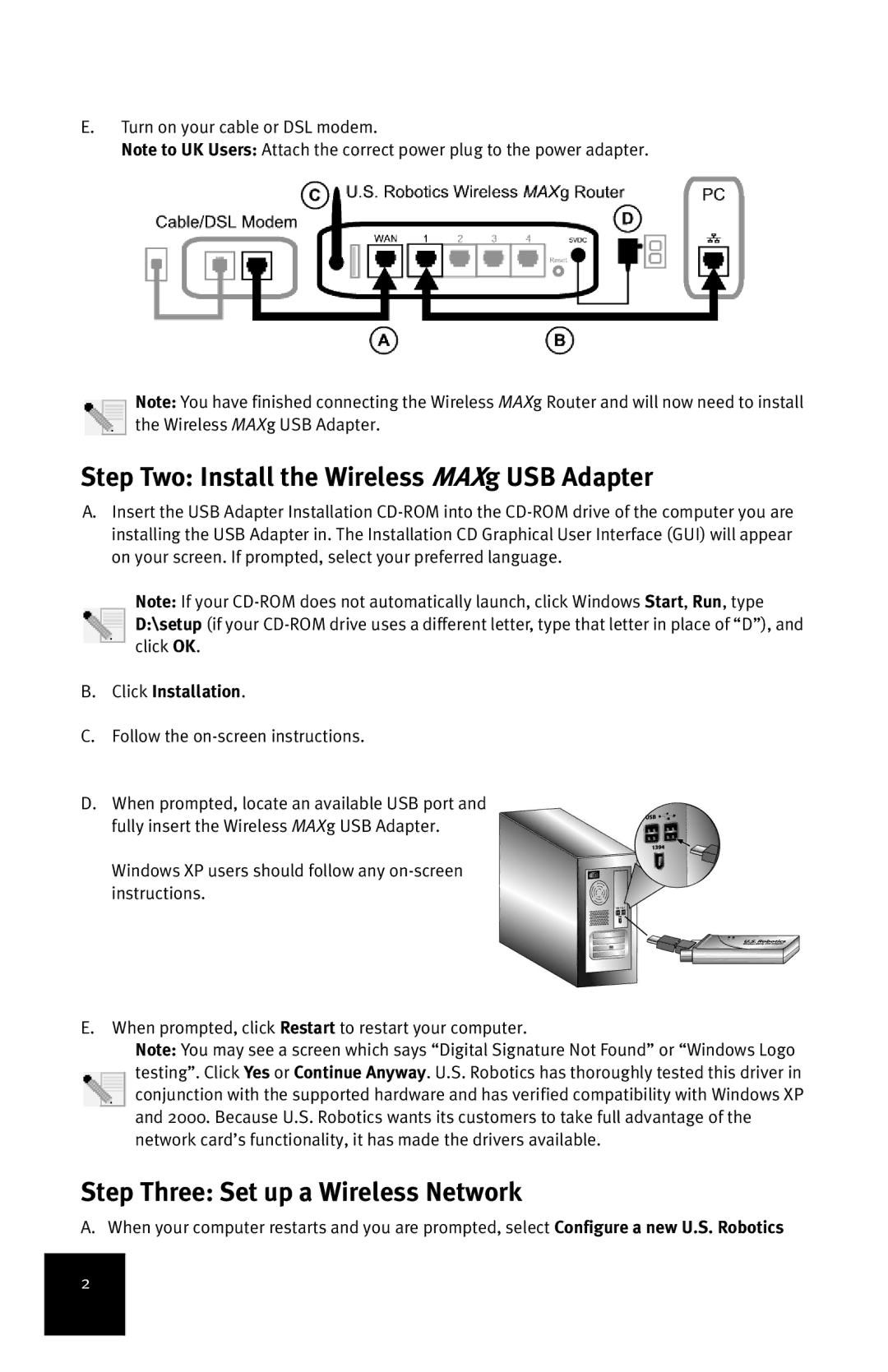 USRobotics Step Two Install the Wireless MAXg USB Adapter, Step Three Set up a Wireless Network, Click Installation 