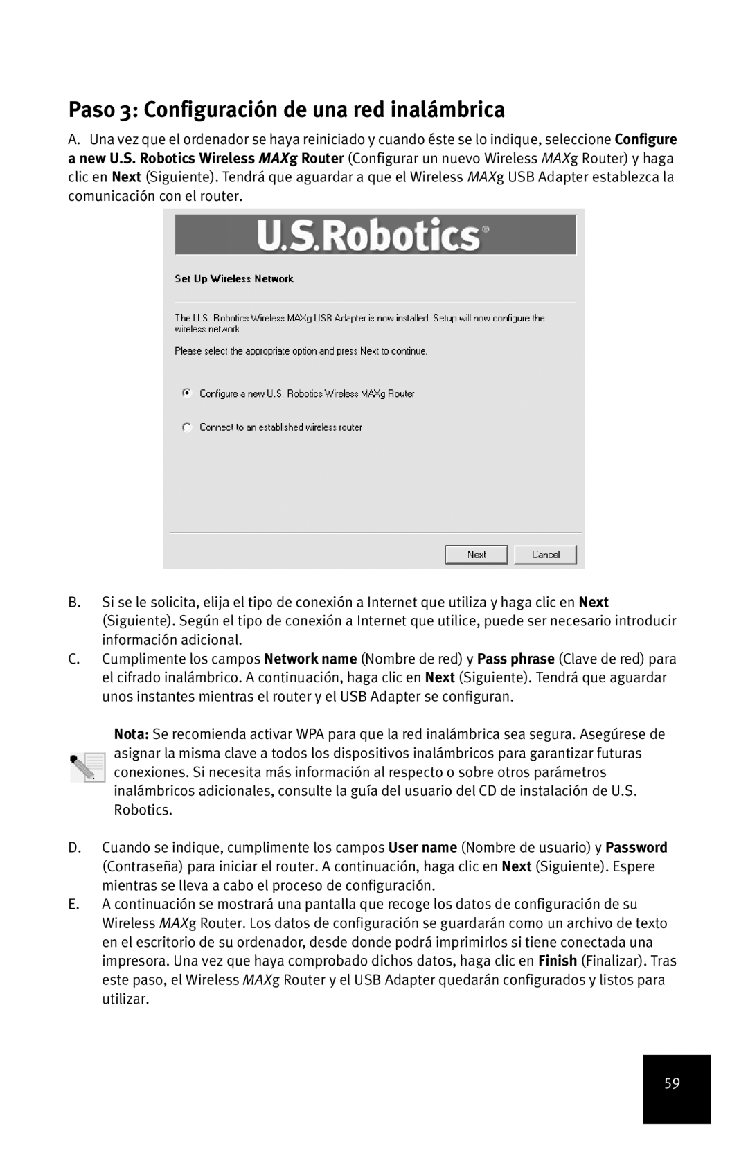 USRobotics MAXg manual Paso 3 Configuración de una red inalámbrica 