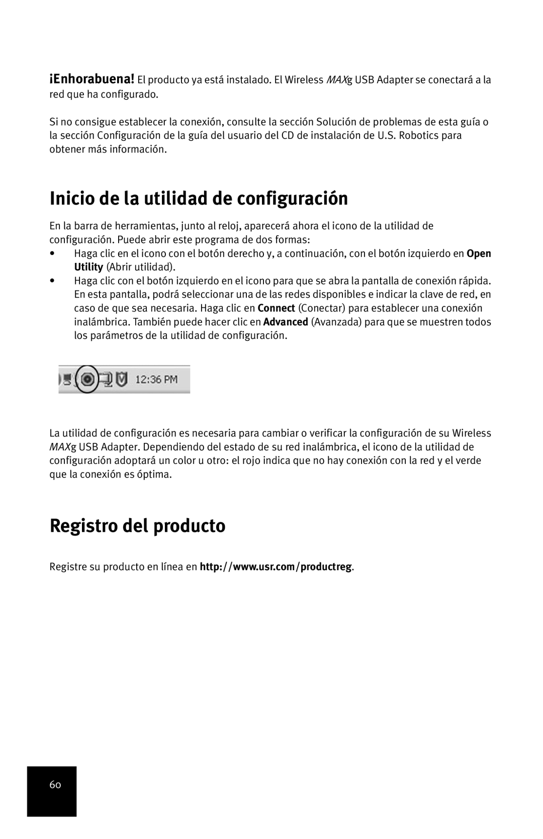 USRobotics MAXg manual Inicio de la utilidad de configuración, Registro del producto 