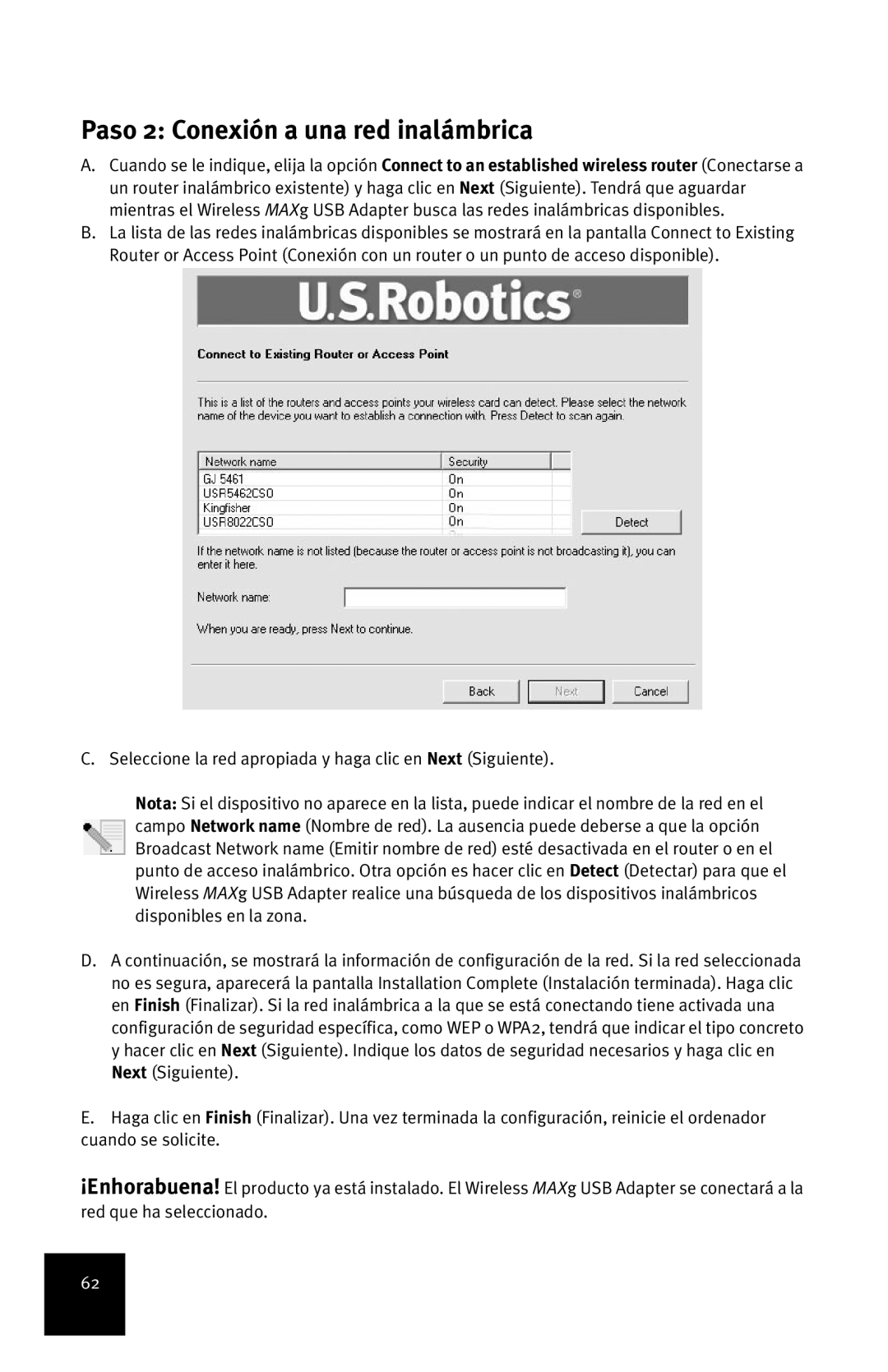 USRobotics MAXg manual Paso 2 Conexión a una red inalámbrica 