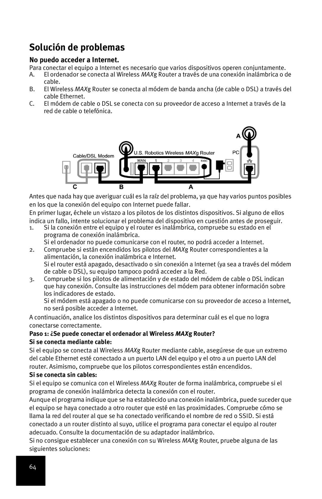 USRobotics MAXg manual Solución de problemas, No puedo acceder a Internet, Si se conecta sin cables 