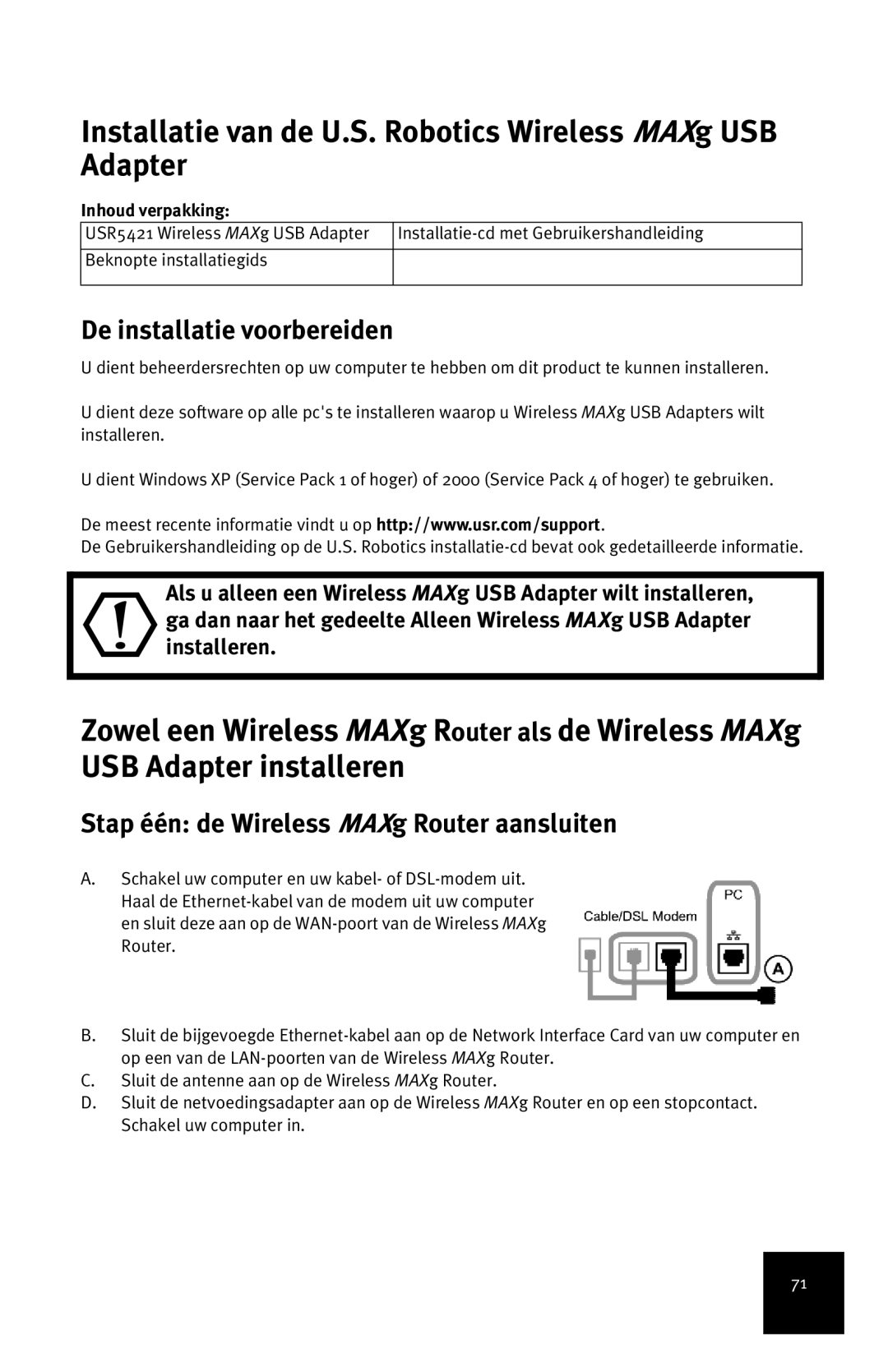 USRobotics Installatie van de U.S. Robotics Wireless MAXg USB Adapter, De installatie voorbereiden, Inhoud verpakking 