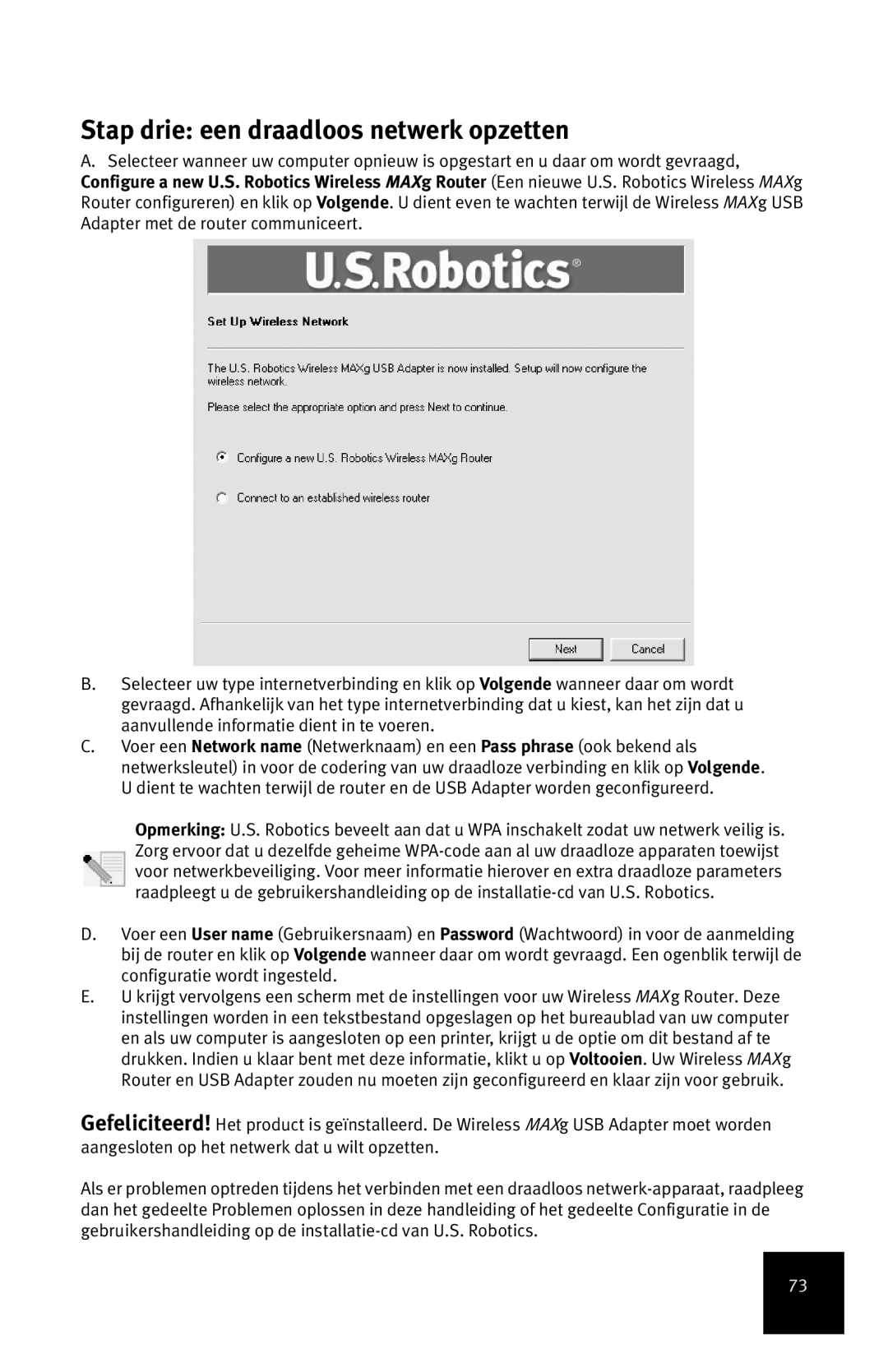 USRobotics MAXg manual Stap drie een draadloos netwerk opzetten 