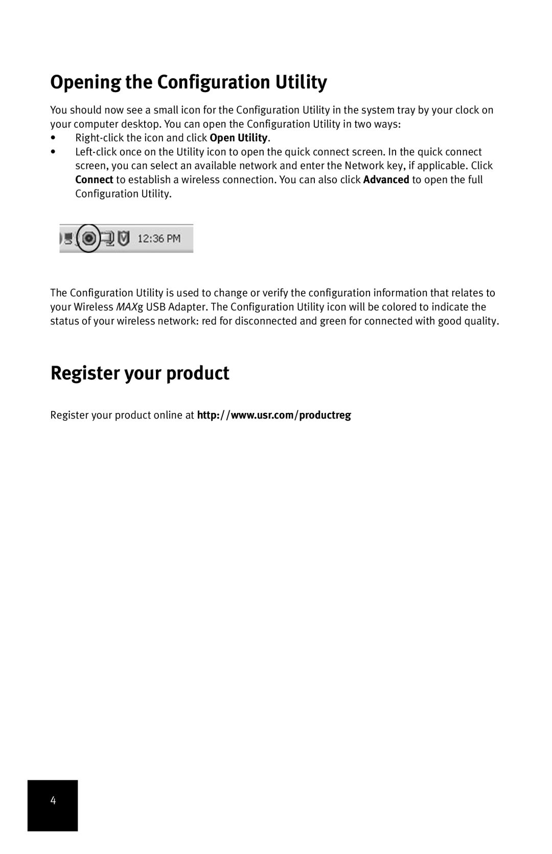 USRobotics MAXg manual Opening the Configuration Utility, Register your product 