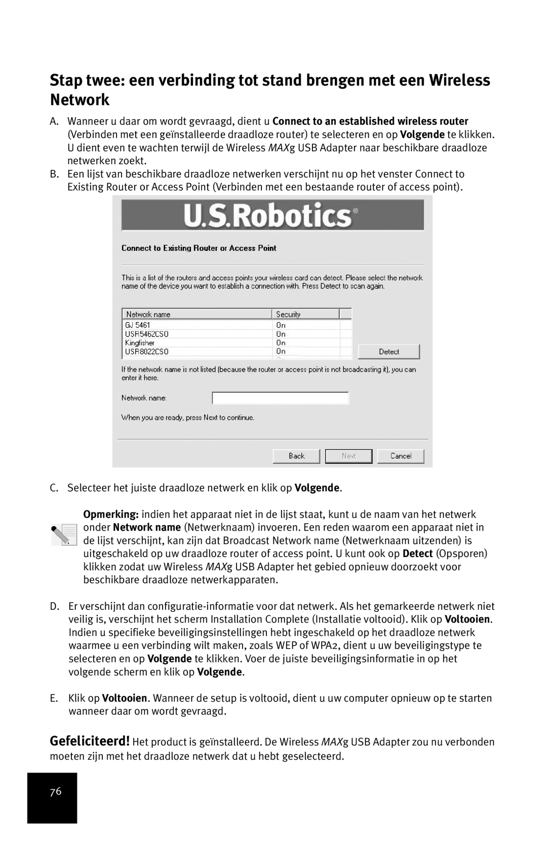 USRobotics MAXg manual Selecteer het juiste draadloze netwerk en klik op Volgende 